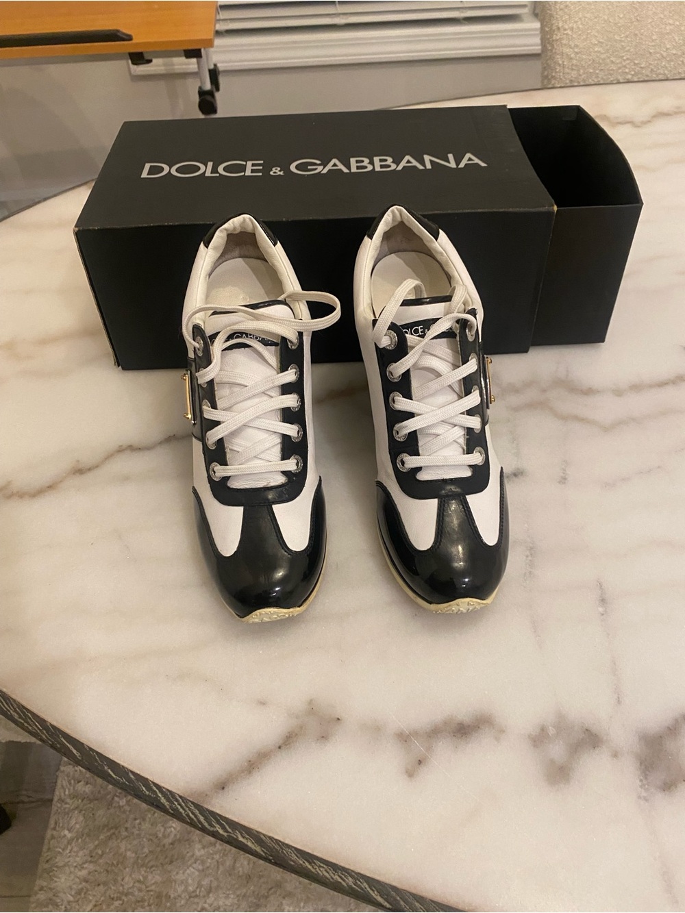 Dolce & Gabbana White and Black Leather Lace-Up Sneakers